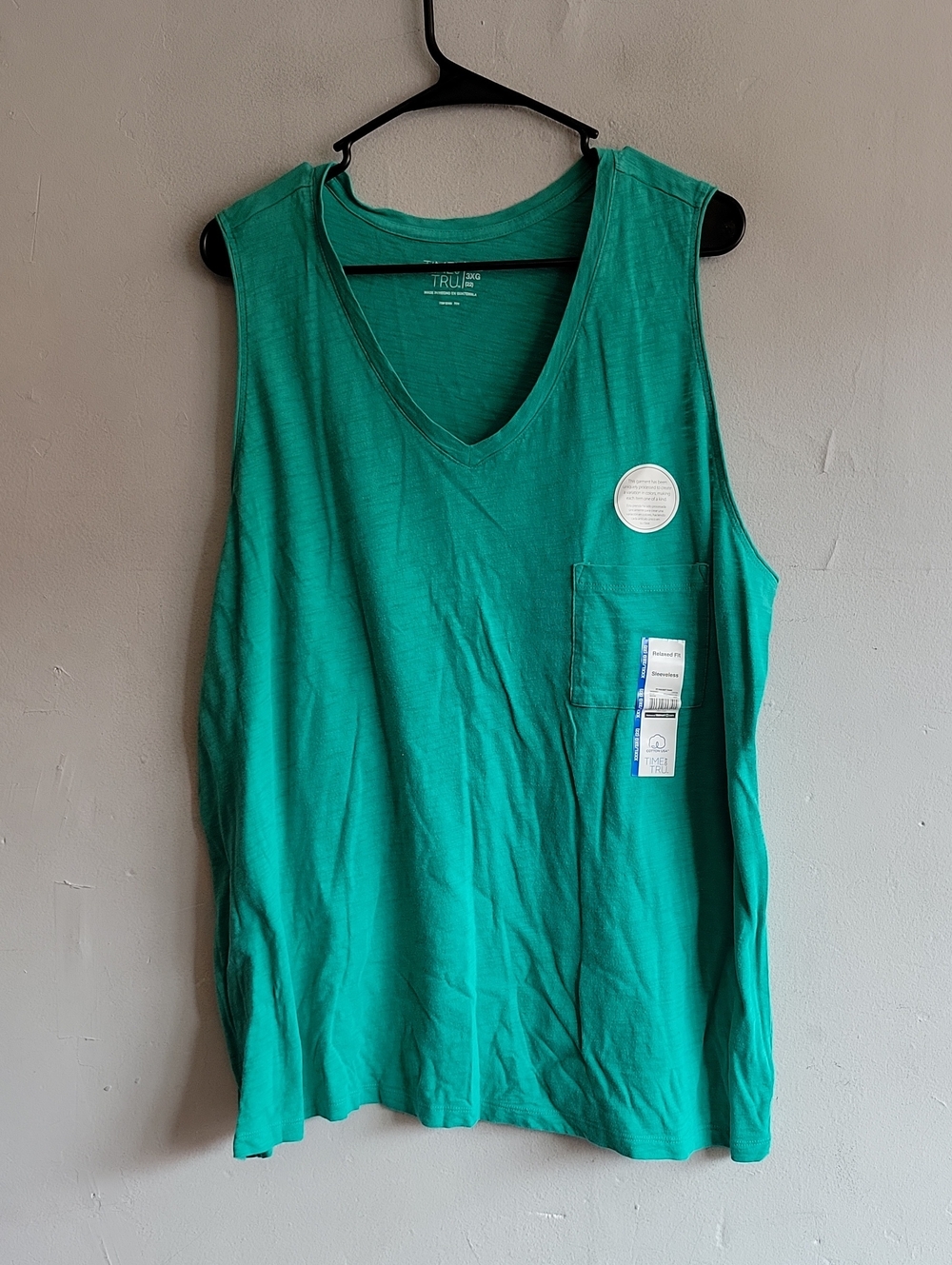 New women's XL green textured cotton v-neck pocket tank top shirt